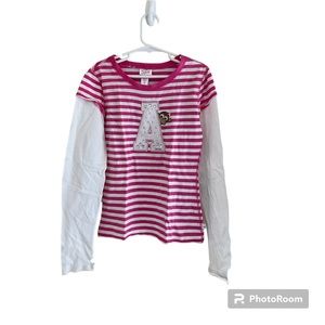 ⚪️JUSTICE: Girl size XS, Monkey theme “A” initial long sleeve t-shirt preowned.